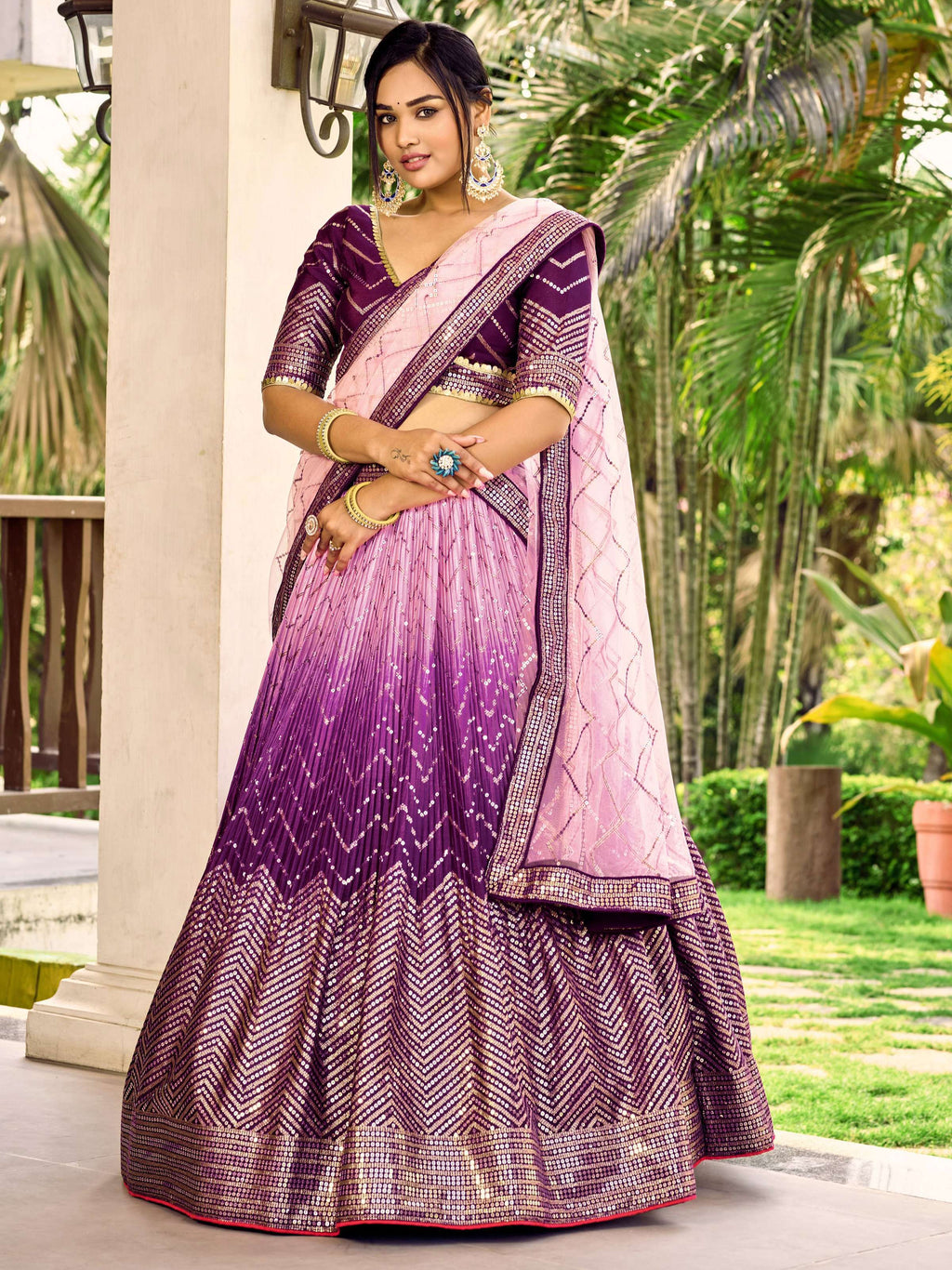 Jyoti Fashion Women's Purple Chinon Sequins Thread Embroidered Lehenga Choli & Dupatta | Grocsy
