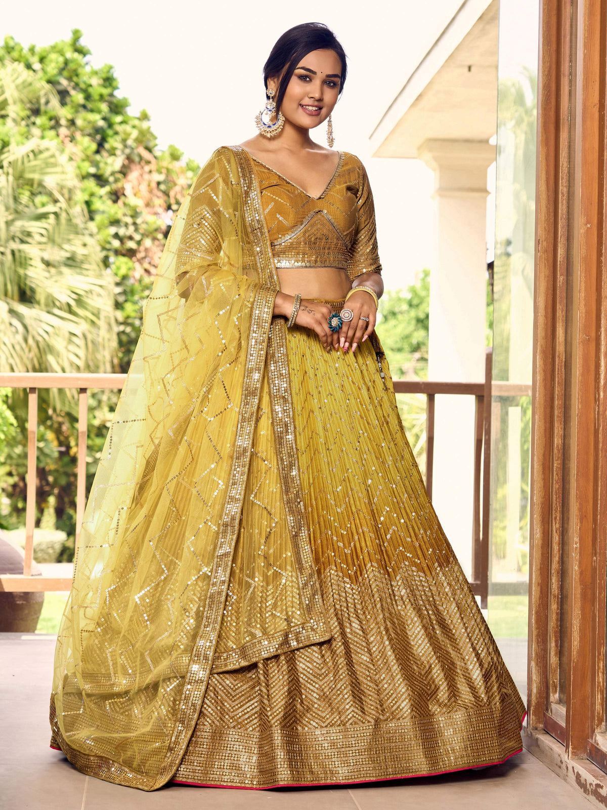 Jyoti Fashion Women's Yellow Chinon Sequins Thread Embroidered Lehenga Choli & Dupatta | Grocsy