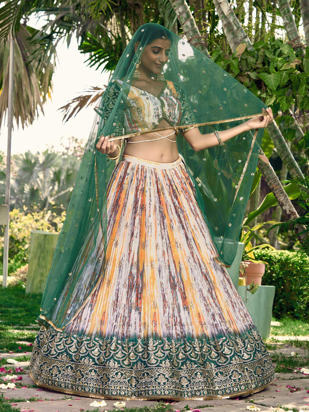 Jyoti Fashion Women's Green Chinon Digital Print with Sequins Zari Embroidered Lehenga Choli & Dupatta | Grocsy