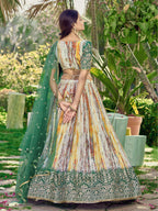 Jyoti Fashion Women's Green Chinon Digital Print with Sequins Zari Embroidered Lehenga Choli & Dupatta | Grocsy
