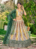 Jyoti Fashion Women's Green Chinon Digital Print with Sequins Zari Embroidered Lehenga Choli & Dupatta | Grocsy