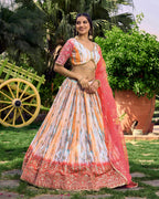 Jyoti Fashion Women's Pink Chinon Digital Print with Sequins Zari Embroidered Lehenga Choli & Dupatta | Grocsy