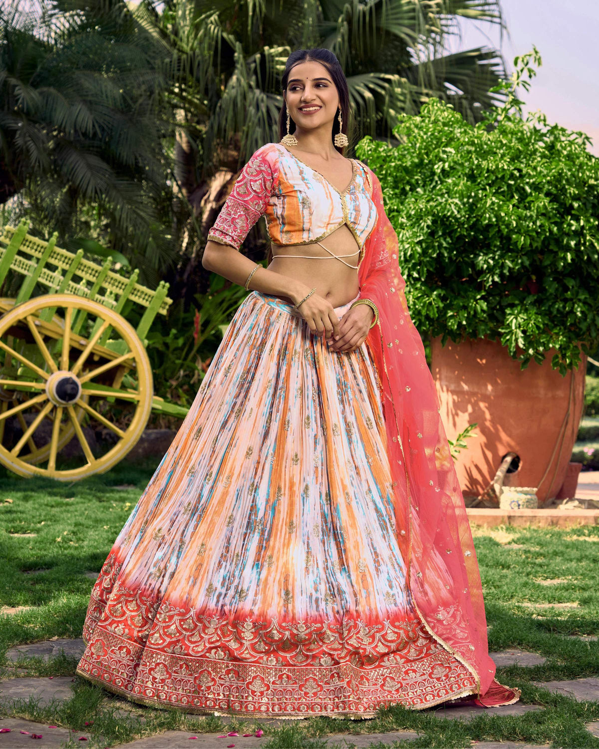 Jyoti Fashion Women's Pink Chinon Digital Print with Sequins Zari Embroidered Lehenga Choli & Dupatta | Grocsy