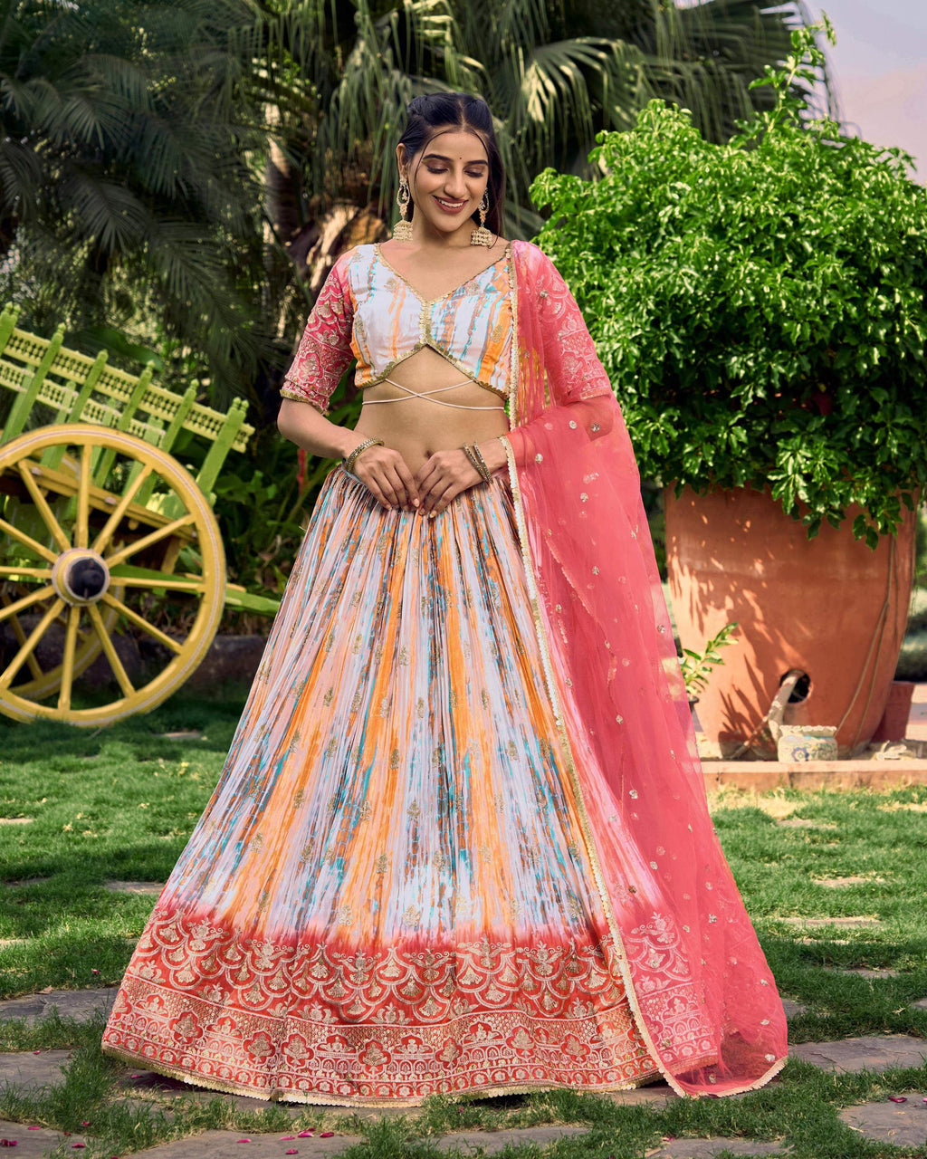 Jyoti Fashion Women's Pink Chinon Digital Print with Sequins Zari Embroidered Lehenga Choli & Dupatta | Grocsy