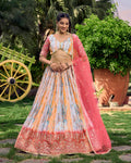 Jyoti Fashion Women's Pink Chinon Digital Print with Sequins Zari Embroidered Lehenga Choli & Dupatta | Grocsy