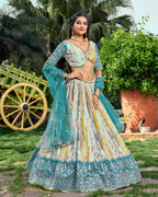 Jyoti Fashion Women's Rama Chinon Digital Print with Sequins Zari Embroidered Lehenga Choli & Dupatta | Grocsy