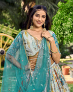 Jyoti Fashion Women's Rama Chinon Digital Print with Sequins Zari Embroidered Lehenga Choli & Dupatta | Grocsy