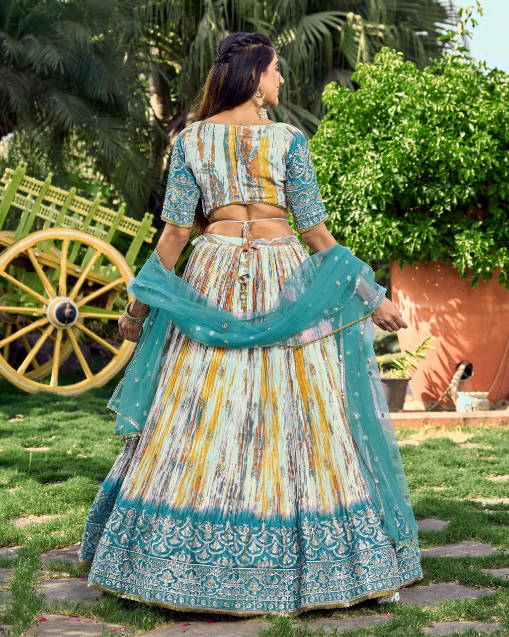 Jyoti Fashion Women's Rama Chinon Digital Print with Sequins Zari Embroidered Lehenga Choli & Dupatta | Grocsy