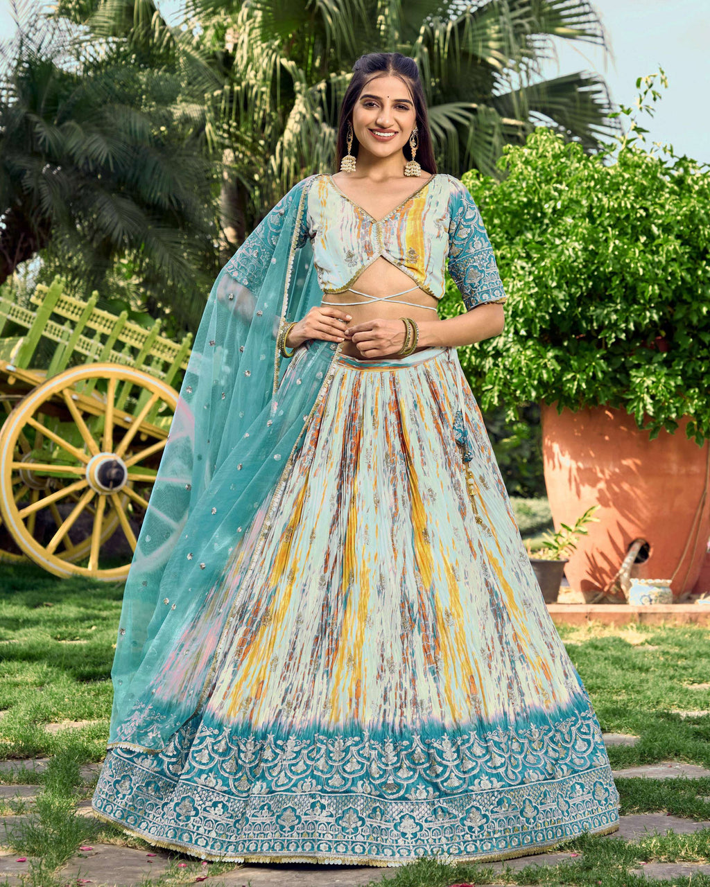 Jyoti Fashion Women's Rama Chinon Digital Print with Sequins Zari Embroidered Lehenga Choli & Dupatta | Grocsy