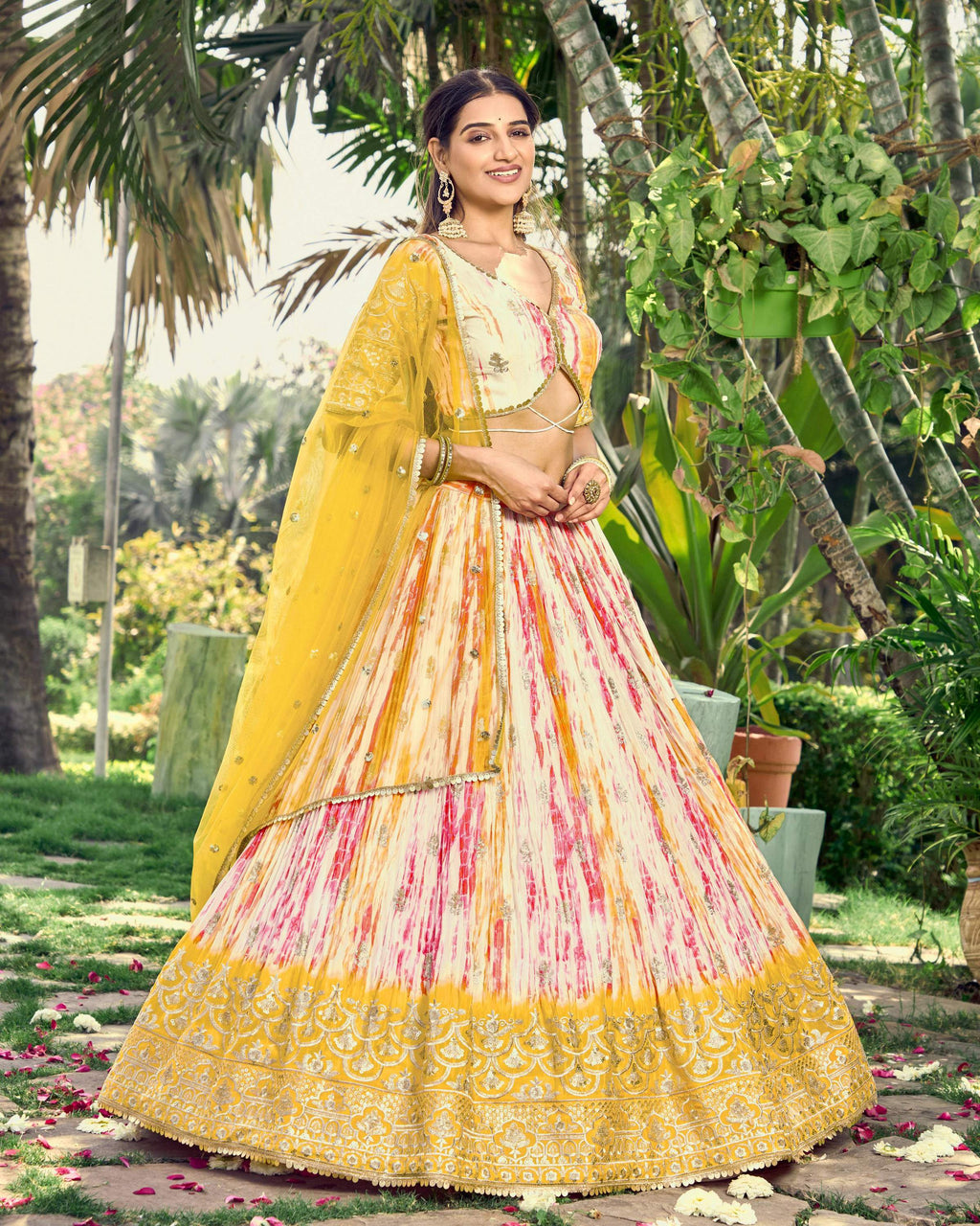 Jyoti Fashion Women's Yellow Chinon Digital Print with Sequins Zari Embroidered Lehenga Choli & Dupatta | Grocsy