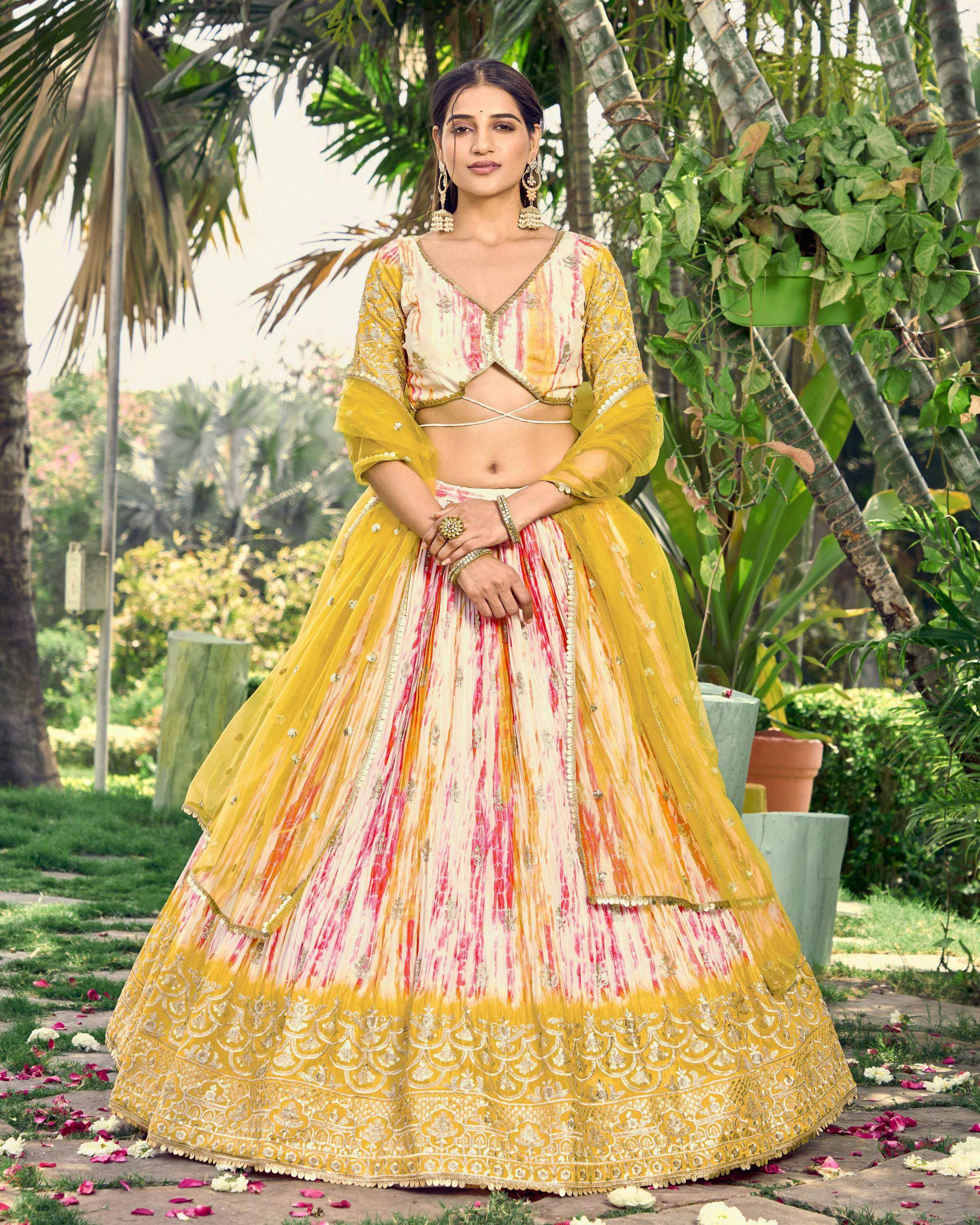 Jyoti Fashion Women's Yellow Chinon Digital Print with Sequins Zari Embroidered Lehenga Choli & Dupatta | Grocsy