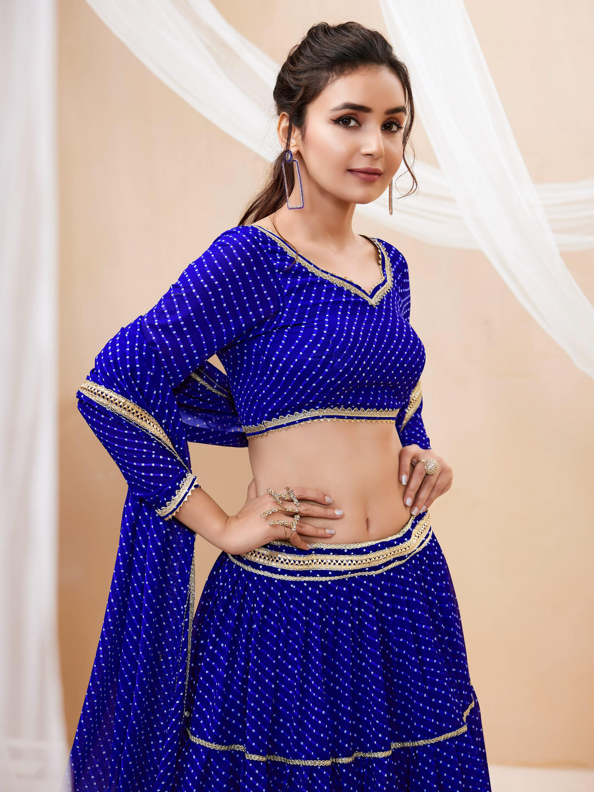 Jyoti Fashion Women's Blue Georgette Leheriya Printed with Lace Work Lehenga Choli & Dupatta | Grocsy