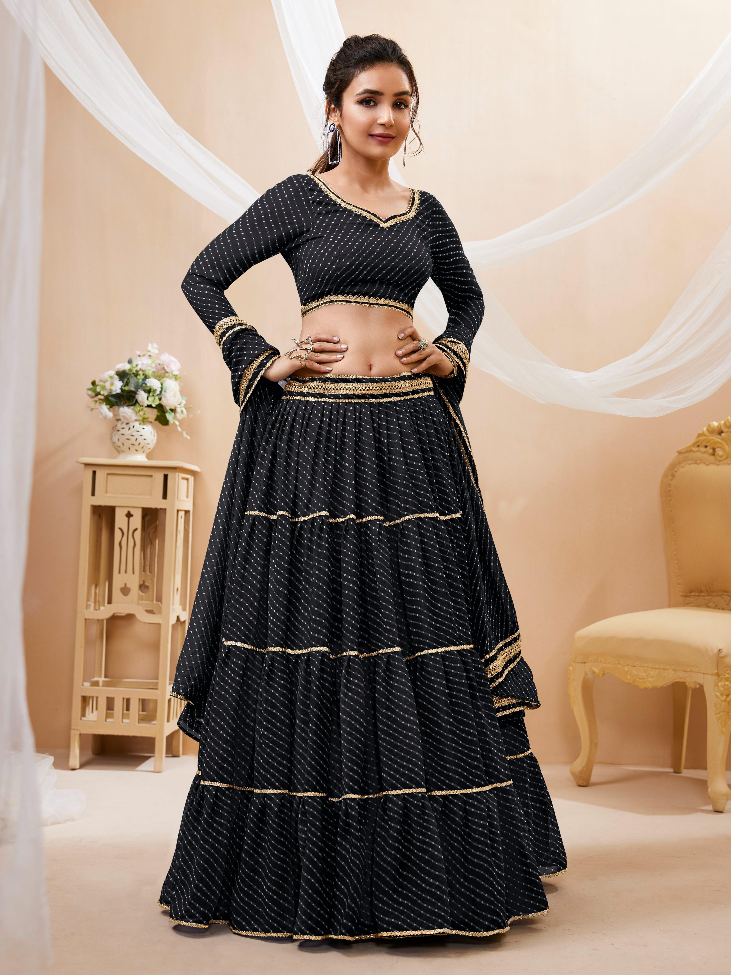 Jyoti Fashion Women's Black Georgette Leheriya Printed with Lace Work Lehenga Choli & Dupatta | Grocsy