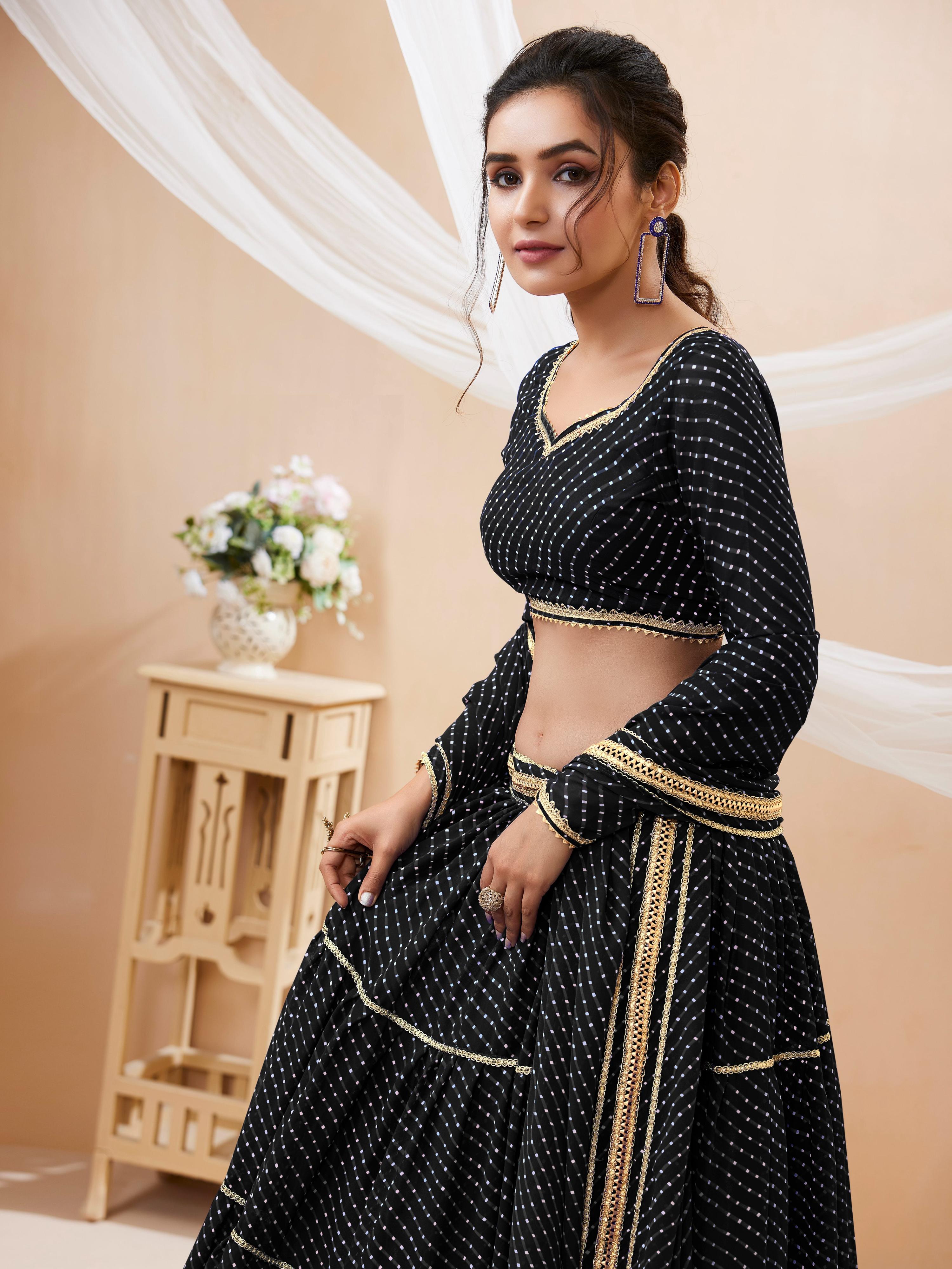Jyoti Fashion Women's Black Georgette Leheriya Printed with Lace Work Lehenga Choli & Dupatta | Grocsy