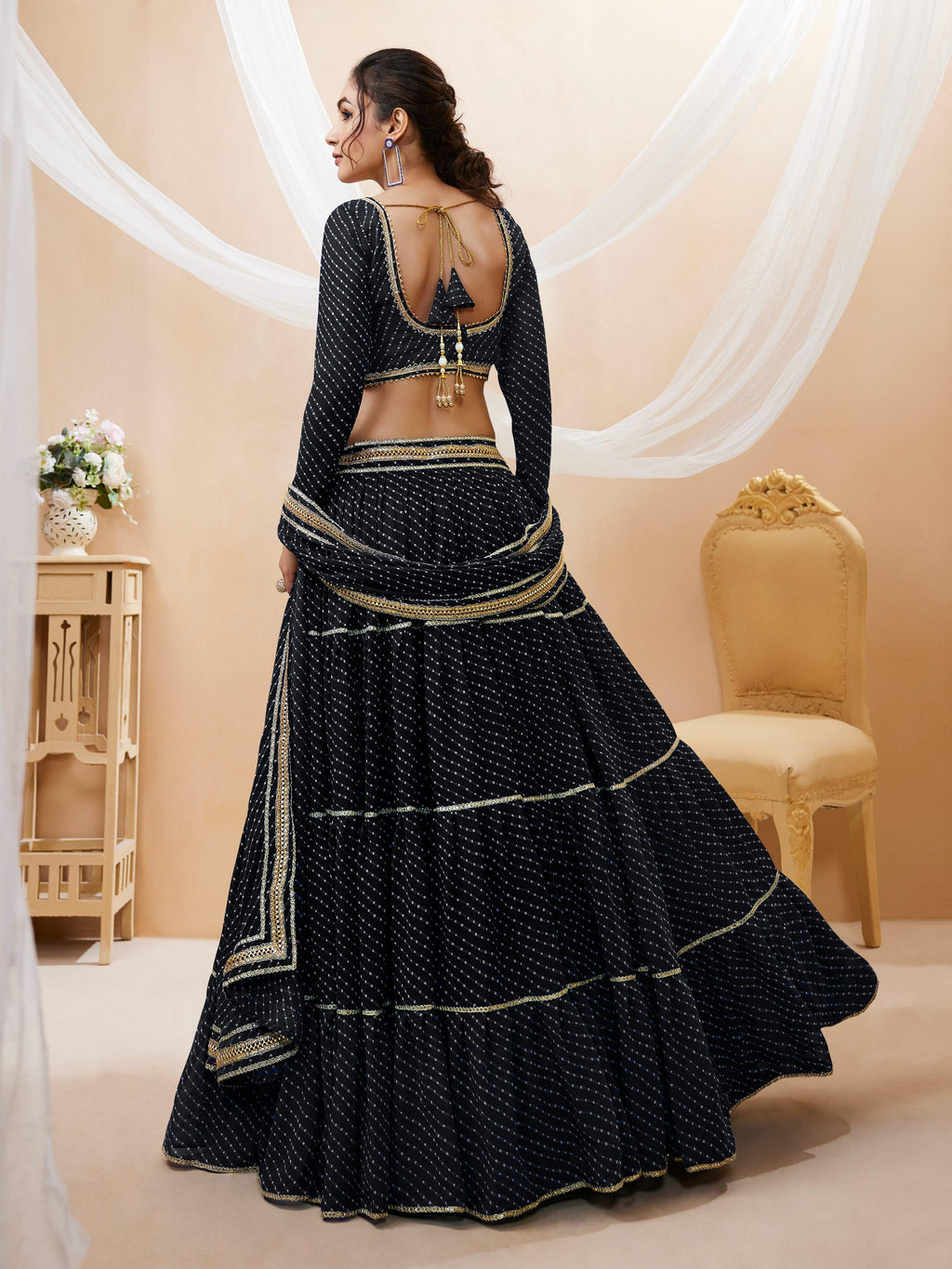 Jyoti Fashion Women's Black Georgette Leheriya Printed with Lace Work Lehenga Choli & Dupatta | Grocsy