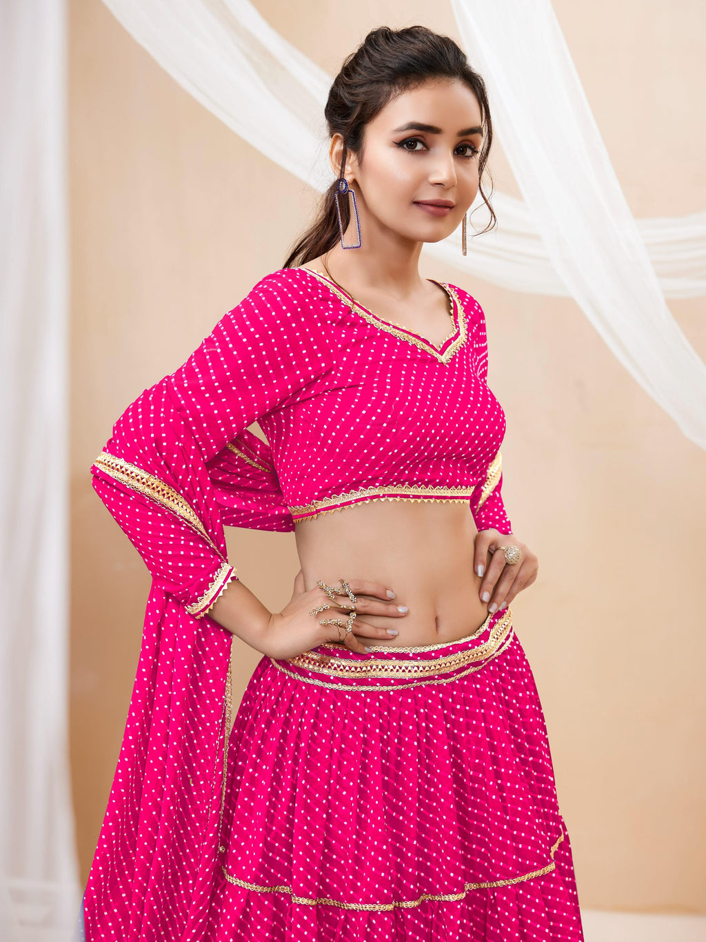 Jyoti Fashion Women's Pink Georgette Leheriya Printed with Lace Work Lehenga Choli & Dupatta | Grocsy