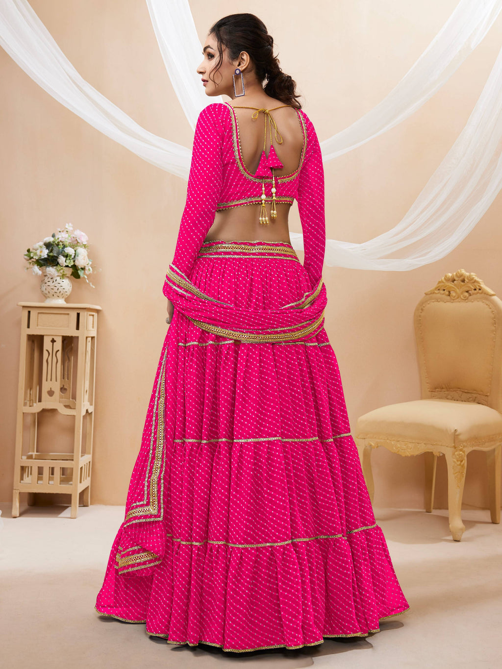 Jyoti Fashion Women's Pink Georgette Leheriya Printed with Lace Work Lehenga Choli & Dupatta | Grocsy