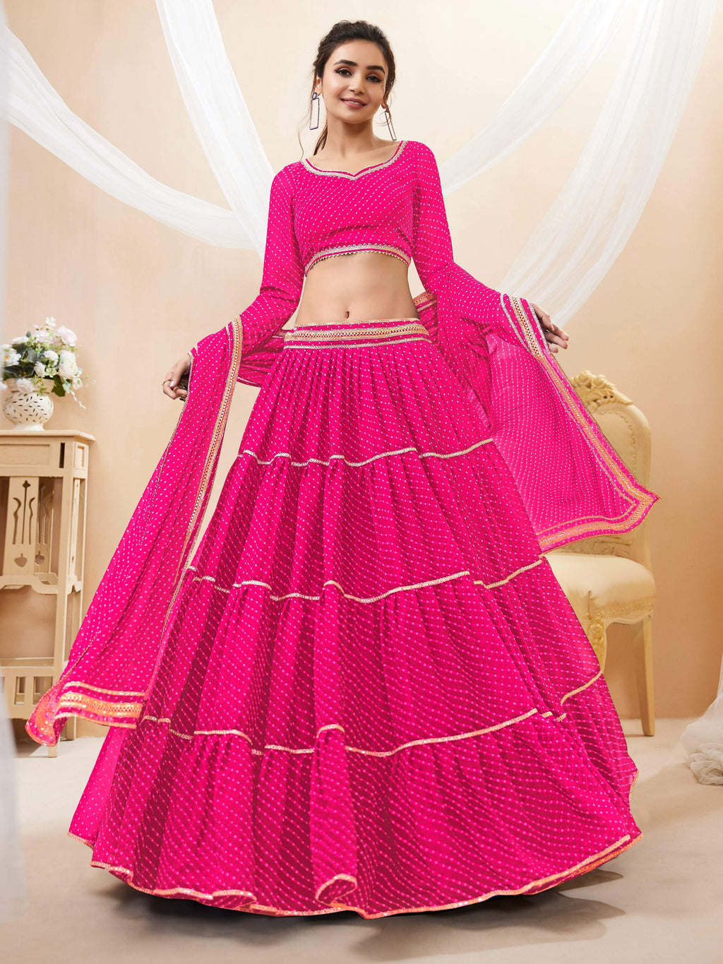 Jyoti Fashion Women's Pink Georgette Leheriya Printed with Lace Work Lehenga Choli & Dupatta | Grocsy