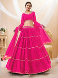 Jyoti Fashion Women's Pink Georgette Leheriya Printed with Lace Work Lehenga Choli & Dupatta | Grocsy