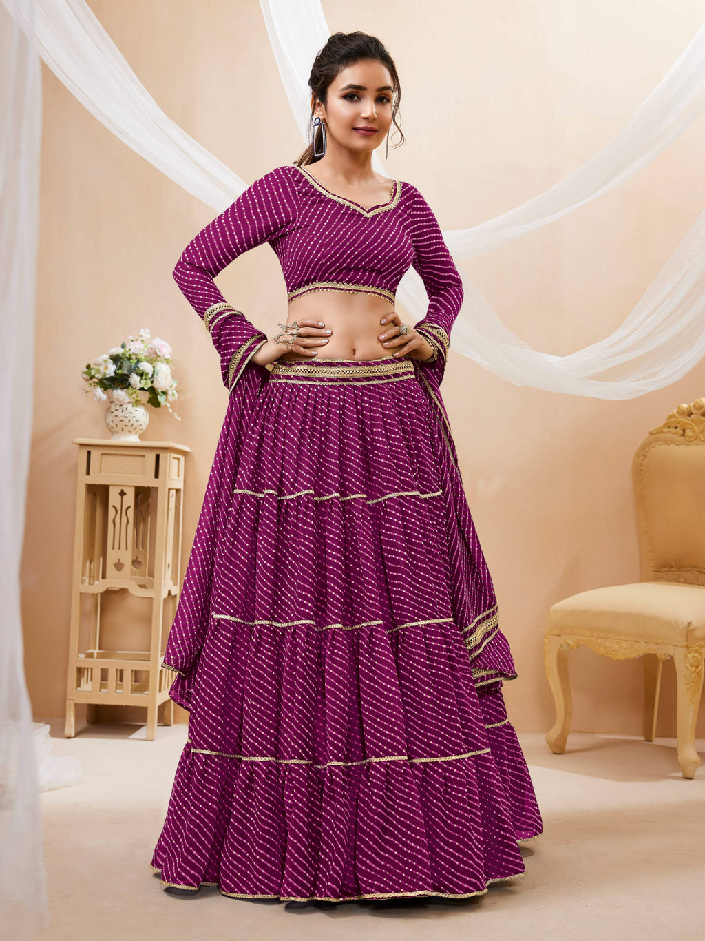 Jyoti Fashion Women's Purple Georgette Leheriya Printed with Lace Work Lehenga Choli & Dupatta | Grocsy