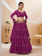 Jyoti Fashion Women's Purple Georgette Leheriya Printed with Lace Work Lehenga Choli & Dupatta | Grocsy