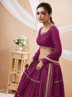 Jyoti Fashion Women's Purple Georgette Leheriya Printed with Lace Work Lehenga Choli & Dupatta | Grocsy