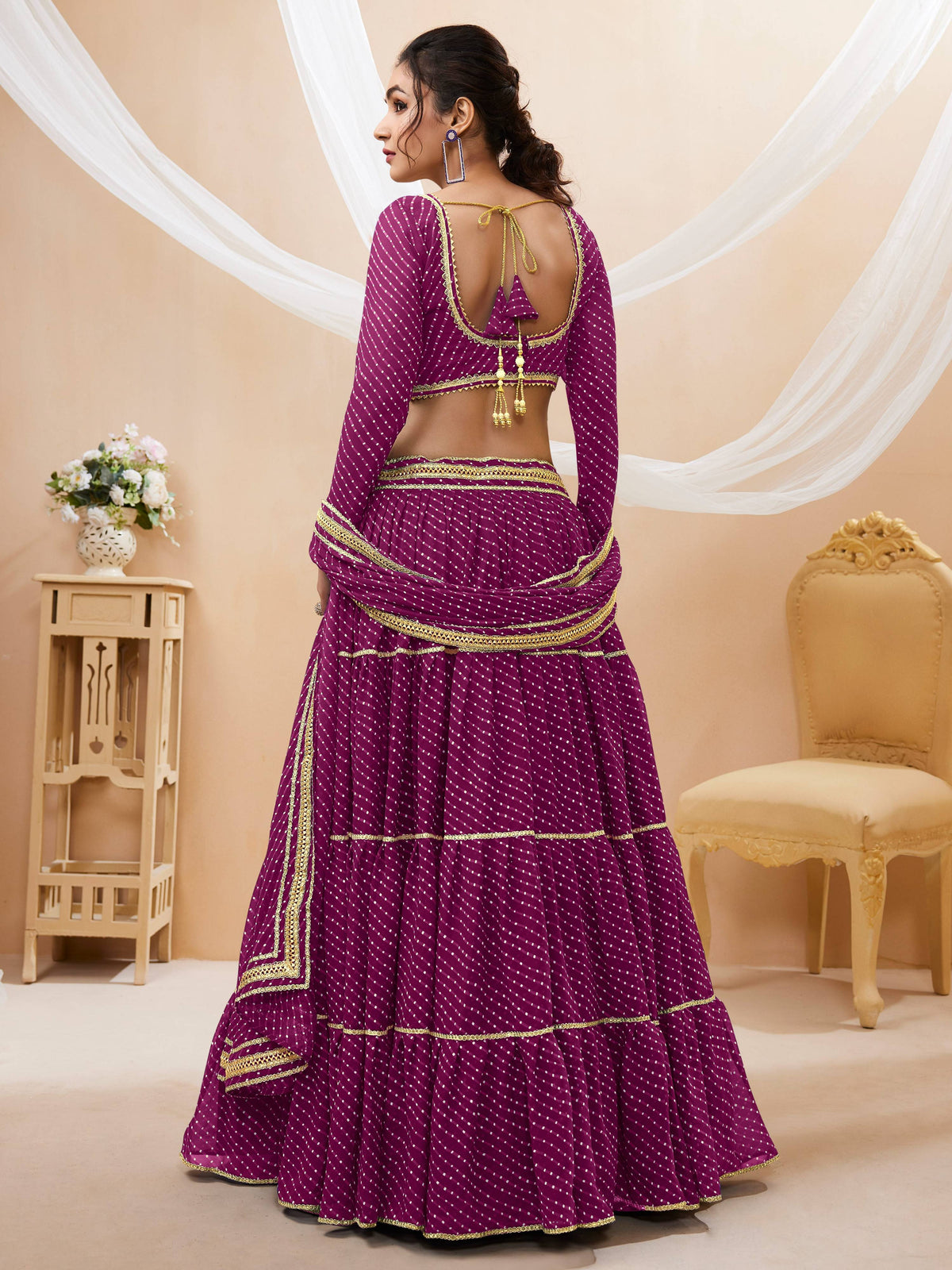 Jyoti Fashion Women's Purple Georgette Leheriya Printed with Lace Work Lehenga Choli & Dupatta | Grocsy