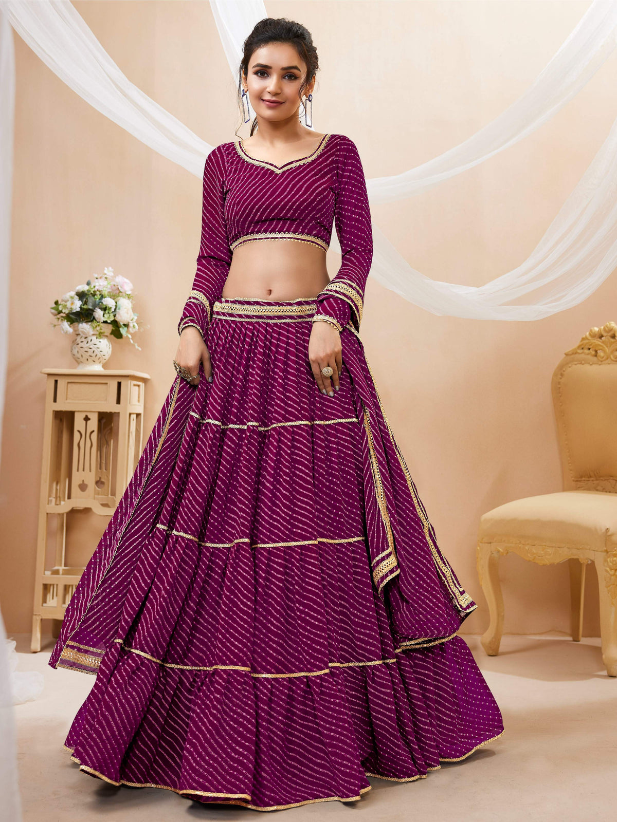 Jyoti Fashion Women's Purple Georgette Leheriya Printed with Lace Work Lehenga Choli & Dupatta | Grocsy