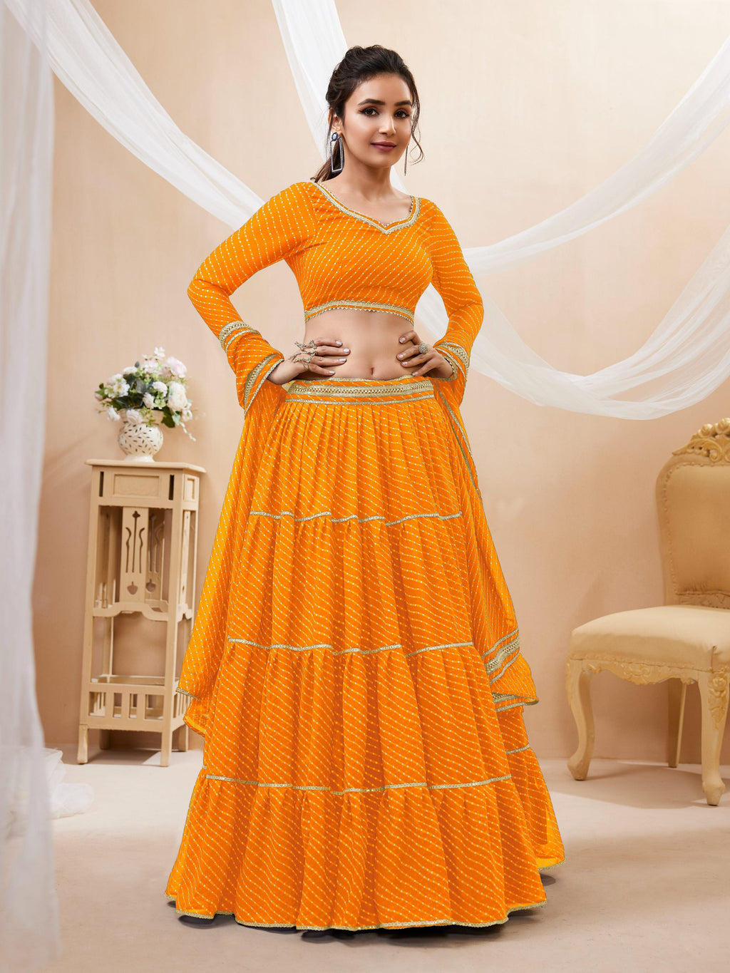 Jyoti Fashion Women's Yellow Georgette Leheriya Printed with Lace Work Lehenga Choli & Dupatta | Grocsy