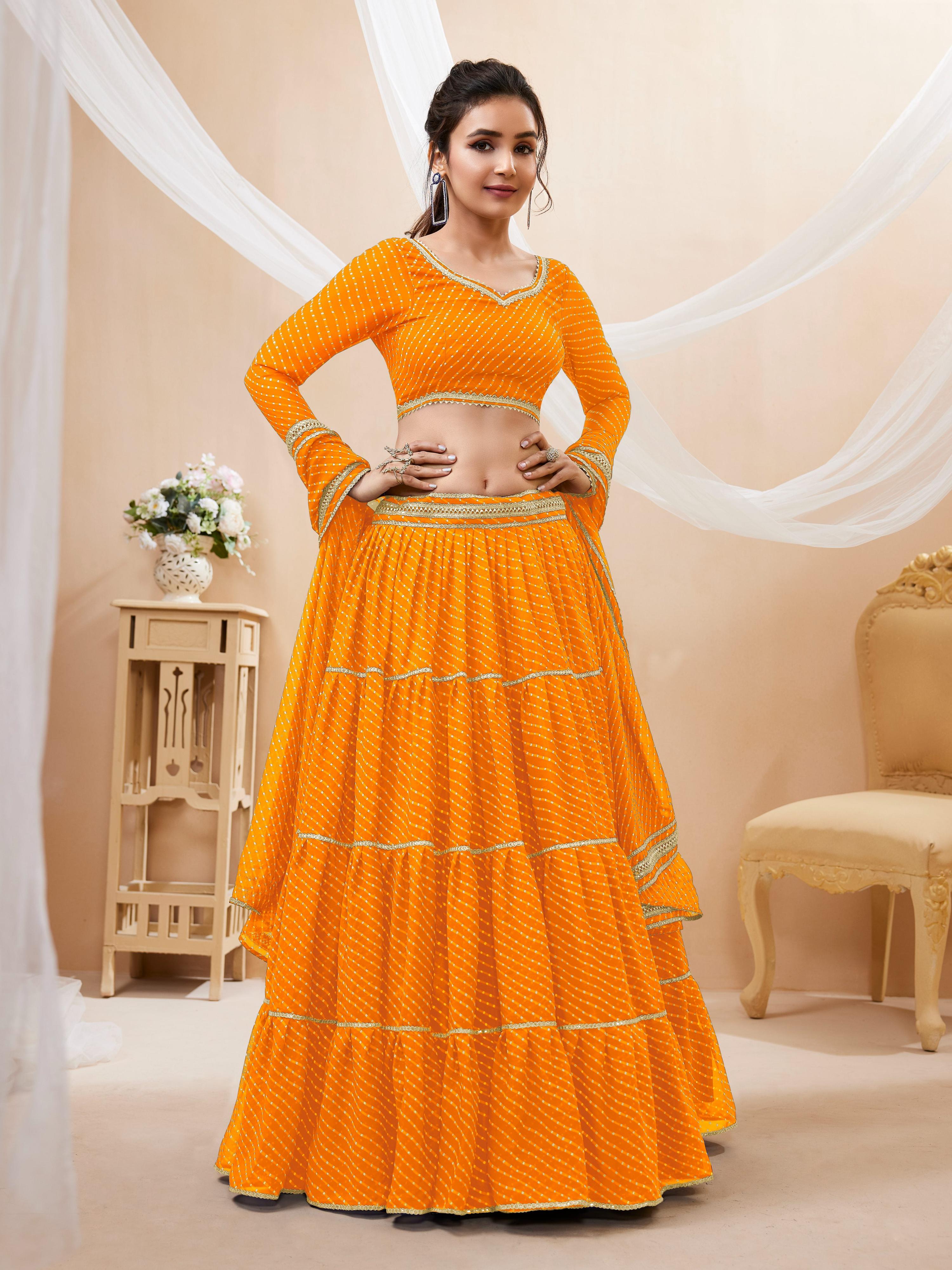 Jyoti Fashion Women's Yellow Georgette Leheriya Printed with Lace Work Lehenga Choli & Dupatta | Grocsy