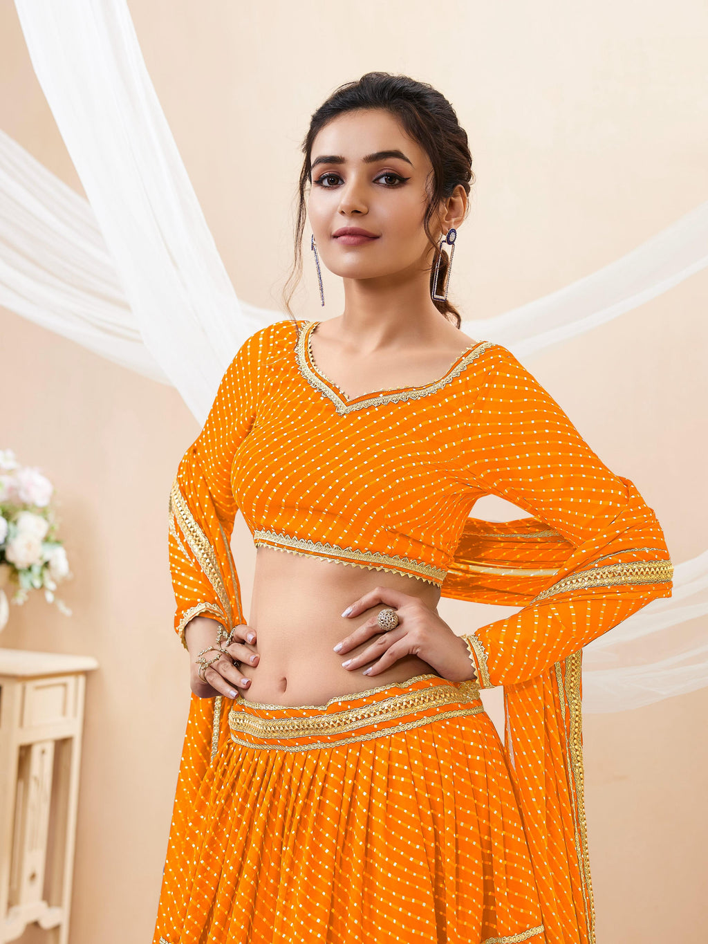 Jyoti Fashion Women's Yellow Georgette Leheriya Printed with Lace Work Lehenga Choli & Dupatta | Grocsy