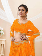 Jyoti Fashion Women's Yellow Georgette Leheriya Printed with Lace Work Lehenga Choli & Dupatta | Grocsy