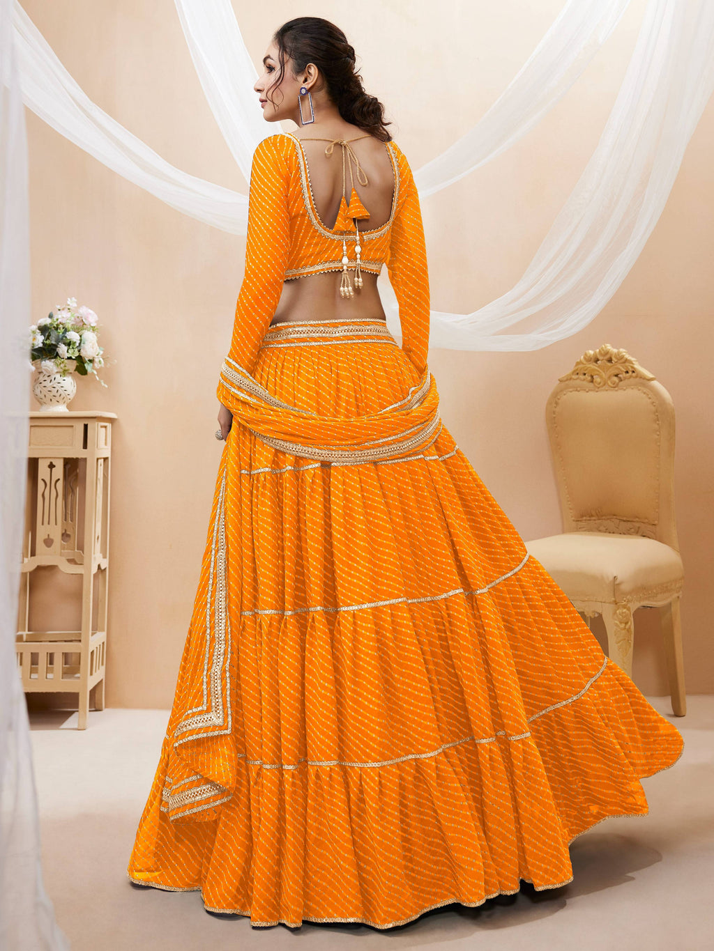 Jyoti Fashion Women's Yellow Georgette Leheriya Printed with Lace Work Lehenga Choli & Dupatta | Grocsy