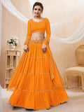 Jyoti Fashion Women's Yellow Georgette Leheriya Printed with Lace Work Lehenga Choli & Dupatta | Grocsy