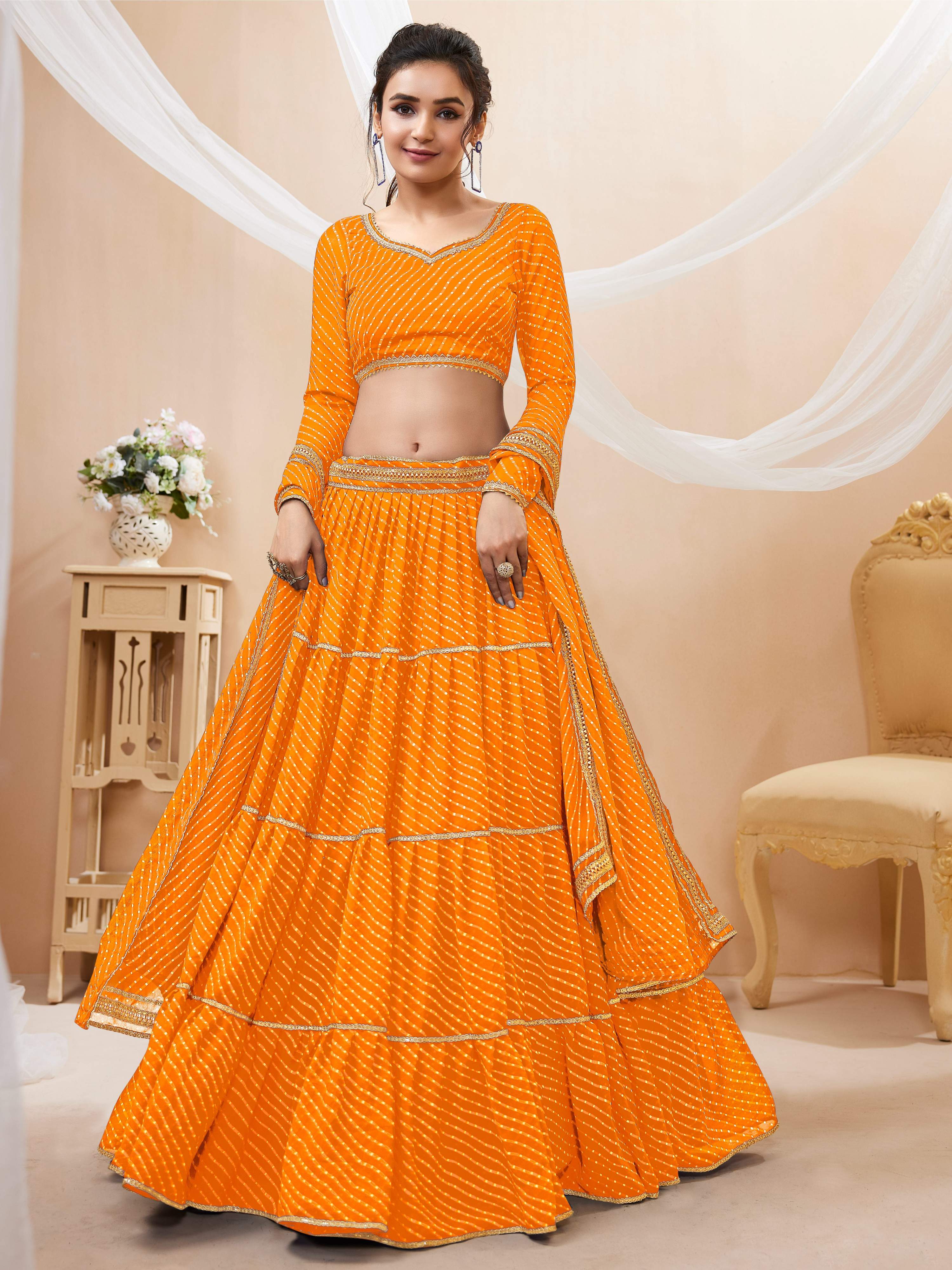 Jyoti Fashion Women's Yellow Georgette Leheriya Printed with Lace Work Lehenga Choli & Dupatta | Grocsy