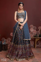 Jyoti Fashion Women's Blue Chinon Silk Digital Print with Heavy Embroidered Lehenga Choli & Dupatta | Grocsy