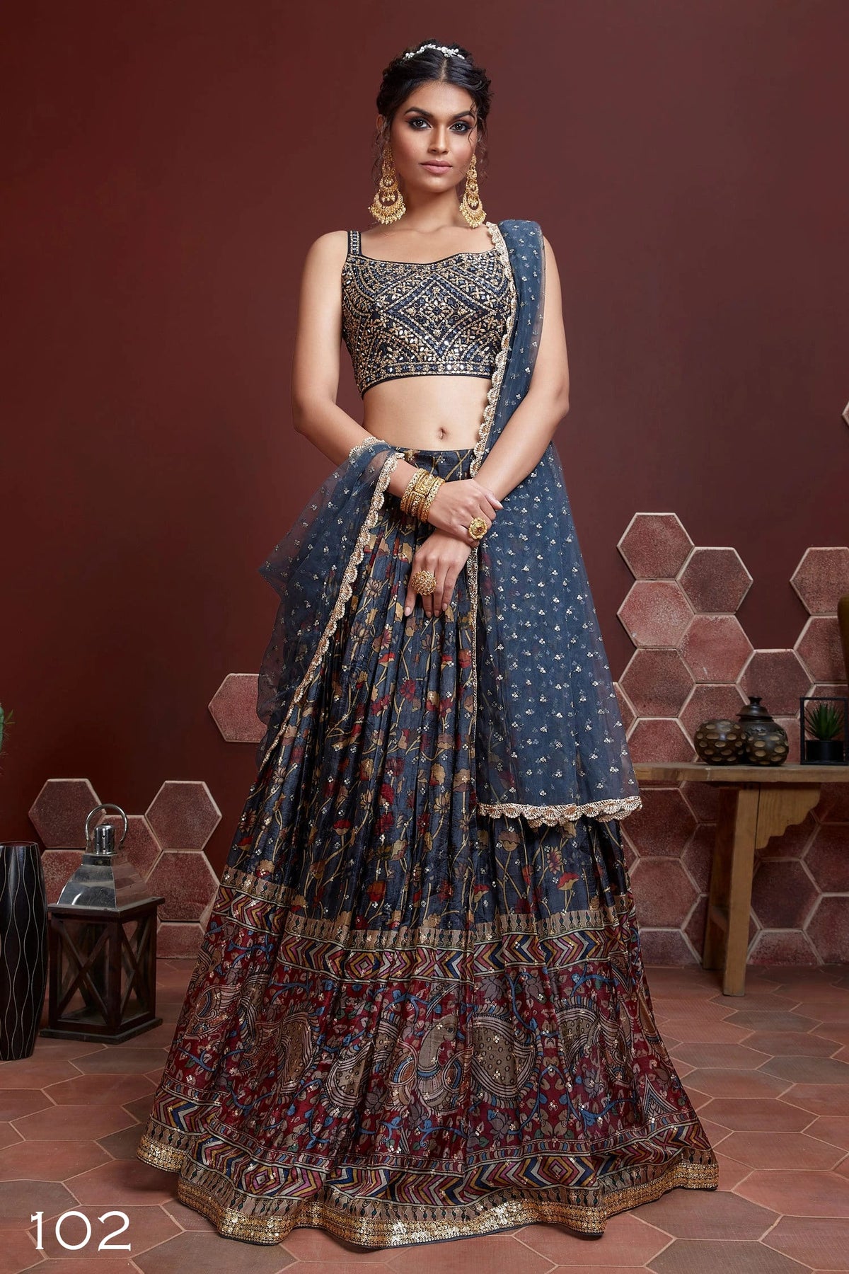 Jyoti Fashion Women's Blue Chinon Silk Digital Print with Heavy Embroidered Lehenga Choli & Dupatta | Grocsy