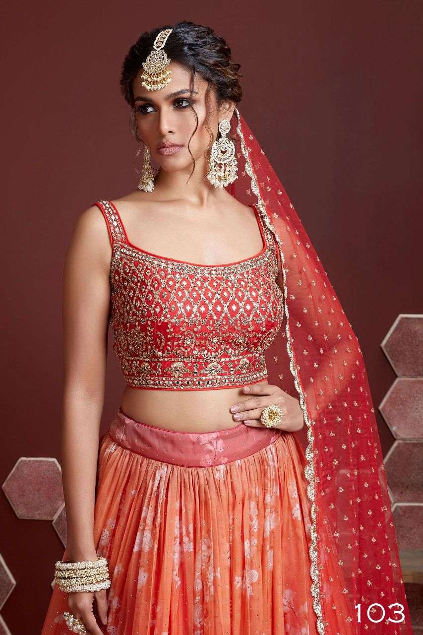 Jyoti Fashion Women's Orange Organza Silk Digital Print with Heavy Embroidered Lehenga Choli & Dupatta | Grocsy