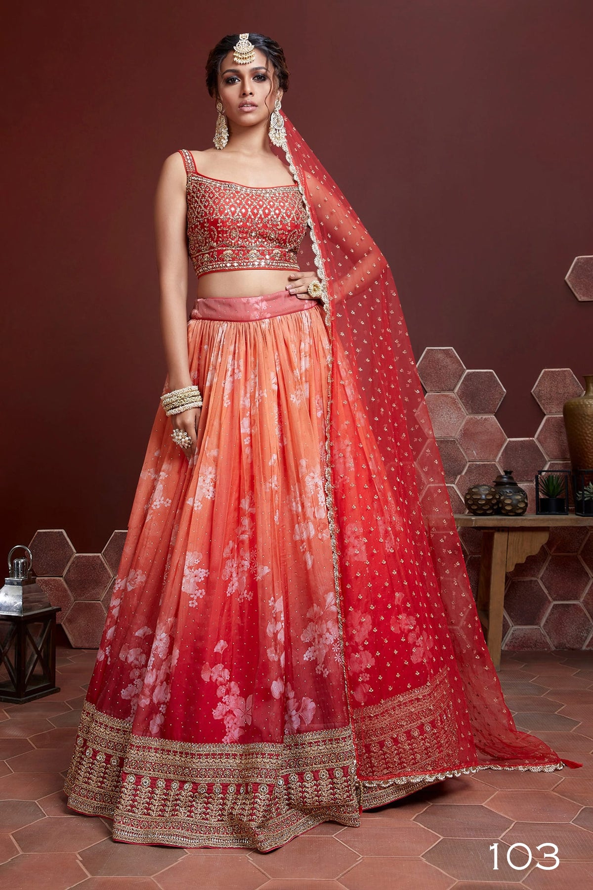 Jyoti Fashion Women's Orange Organza Silk Digital Print with Heavy Embroidered Lehenga Choli & Dupatta | Grocsy