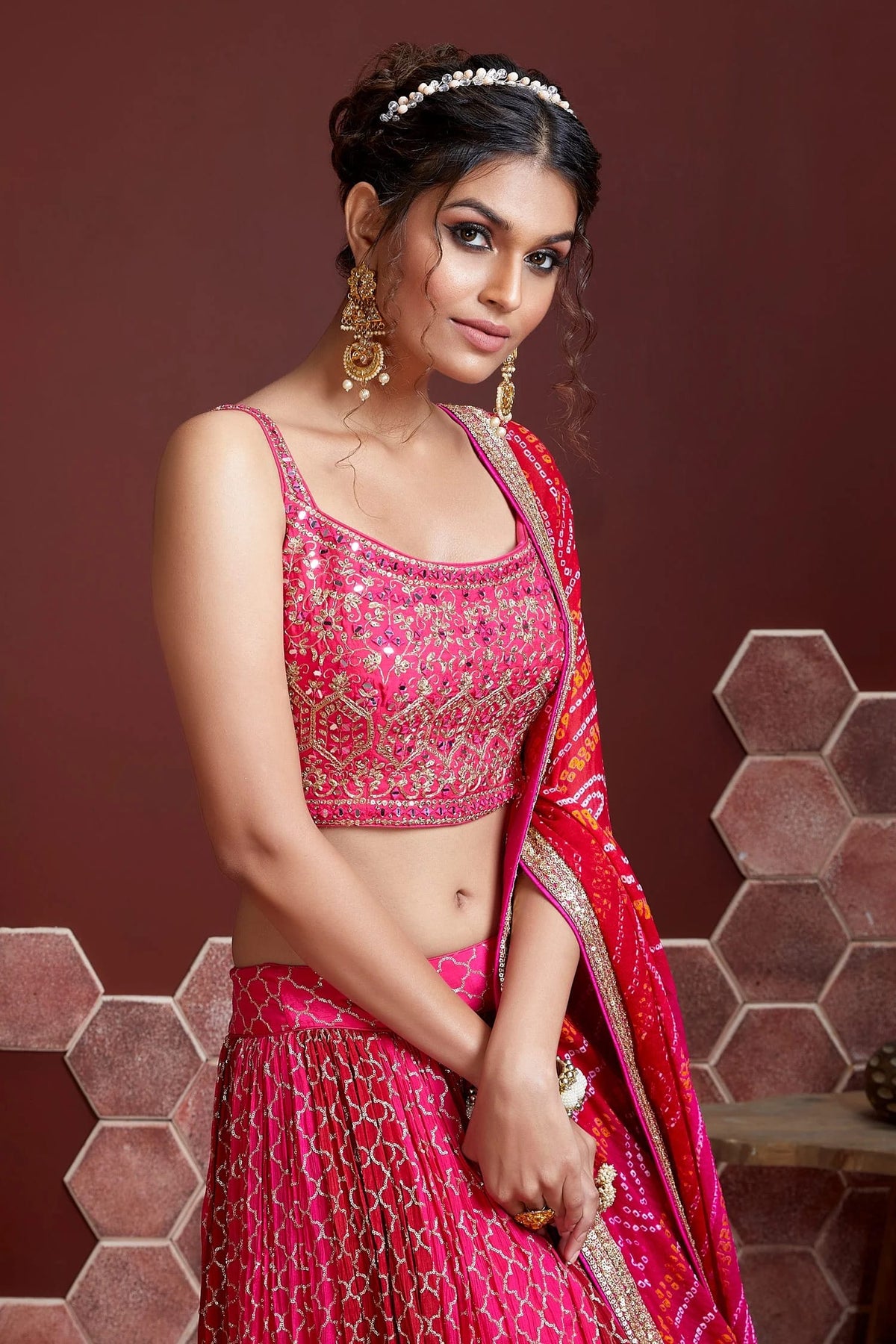 Jyoti Fashion Women's Pink Chinon Silk Digital Print with Heavy Embroidered Lehenga Choli & Dupatta | Grocsy