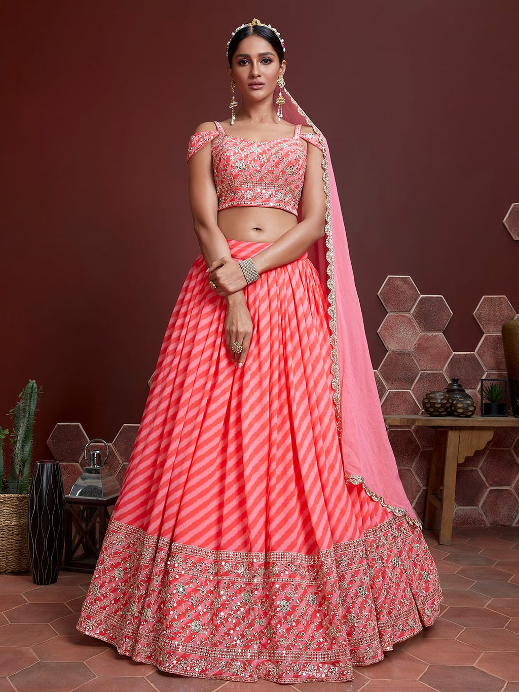 Jyoti Fashion Women's Peach Organza Silk Sequins Zari Embroidered Lehenga Choli & Dupatta | Grocsy