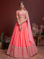 Jyoti Fashion Women's Peach Organza Silk Sequins Zari Embroidered Lehenga Choli & Dupatta | Grocsy