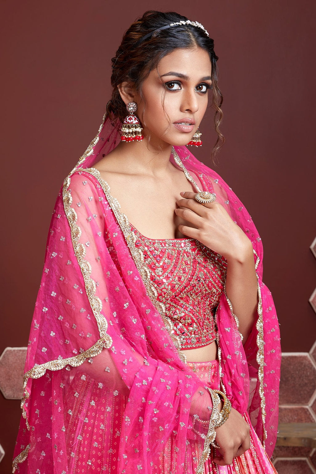 Jyoti Fashion Women's Pink Pure Chinon Silk Digital Print with Heavy Embroidered Lehenga Choli & Dupatta | Grocsy