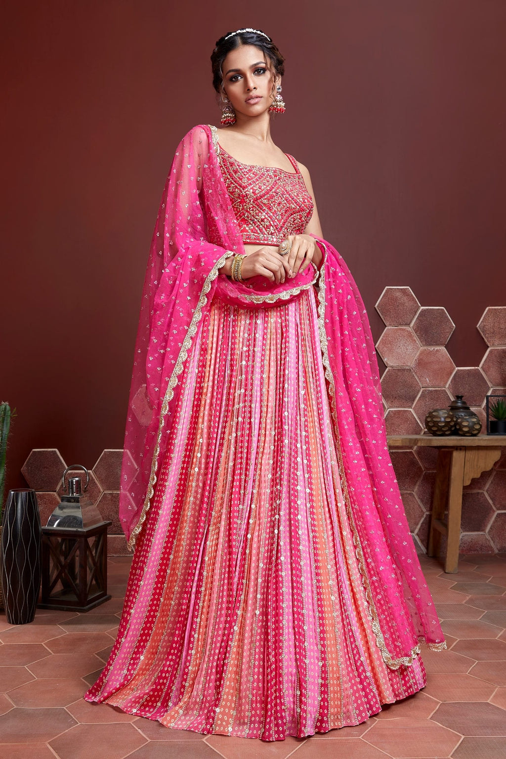 Jyoti Fashion Women's Pink Pure Chinon Silk Digital Print with Heavy Embroidered Lehenga Choli & Dupatta | Grocsy