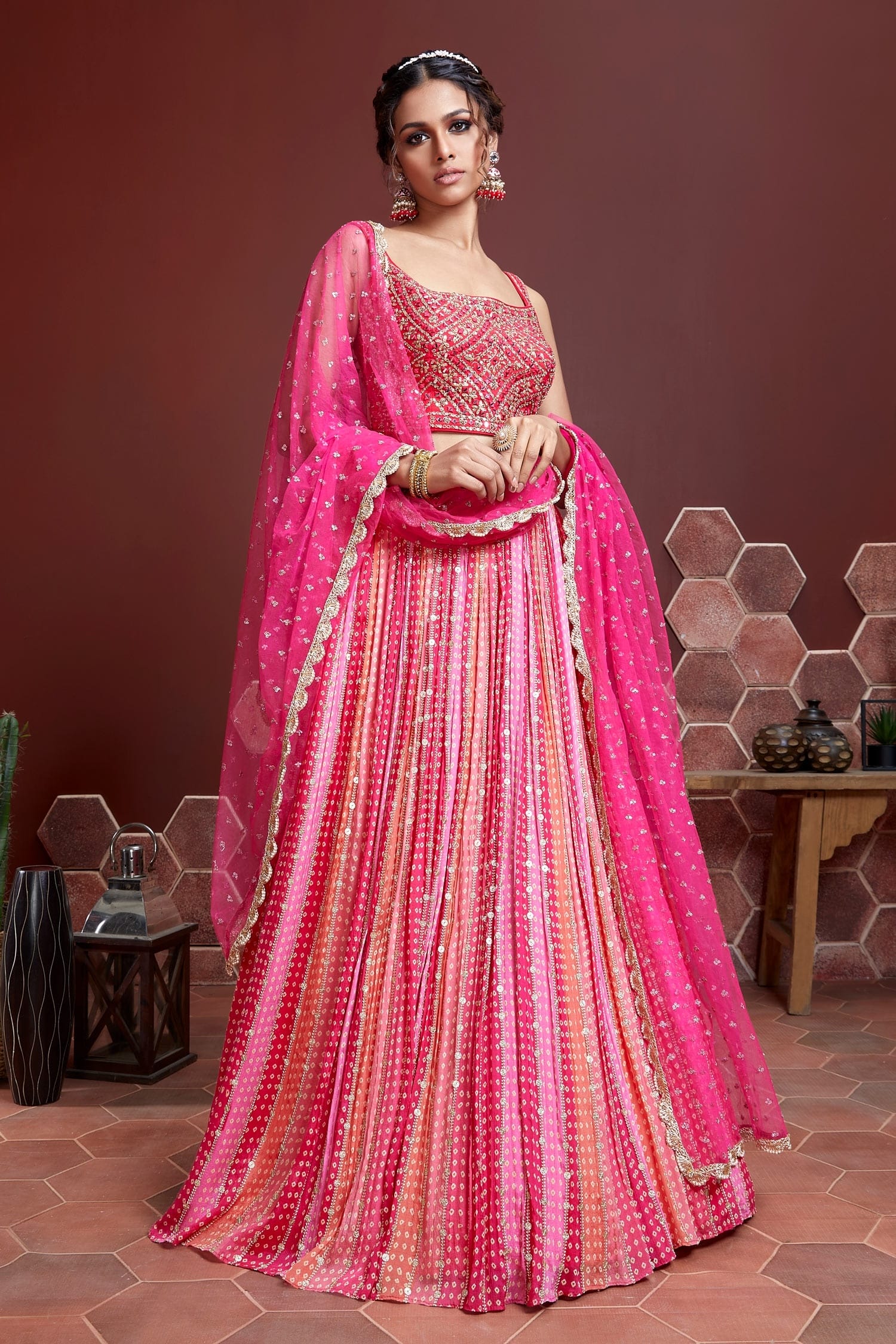 Jyoti Fashion Women's Pink Pure Chinon Silk Digital Print with Heavy Embroidered Lehenga Choli & Dupatta | Grocsy