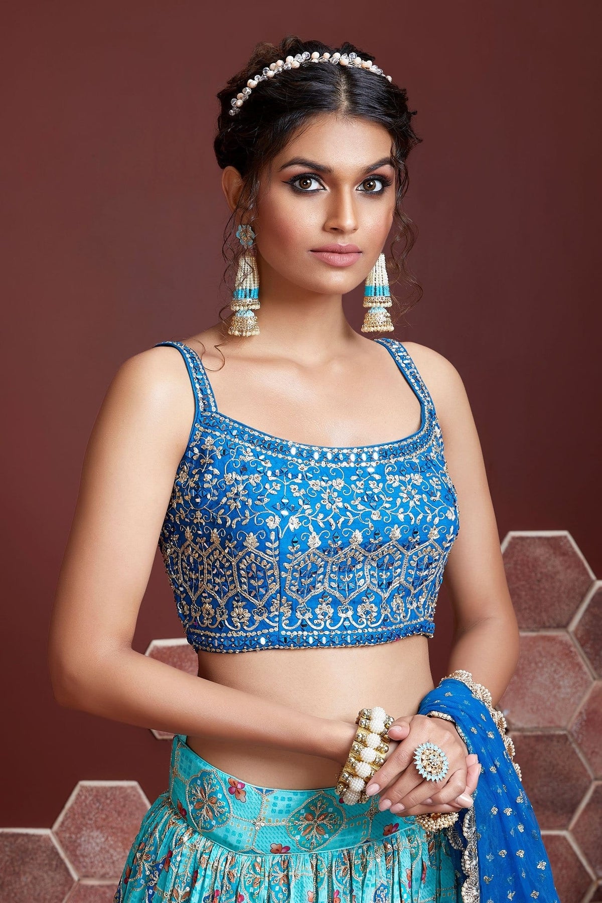 Jyoti Fashion Women's Sky Blue Pure Chinon Silk Digital Print with Heavy Embroidered Lehenga Choli & Dupatta | Grocsy
