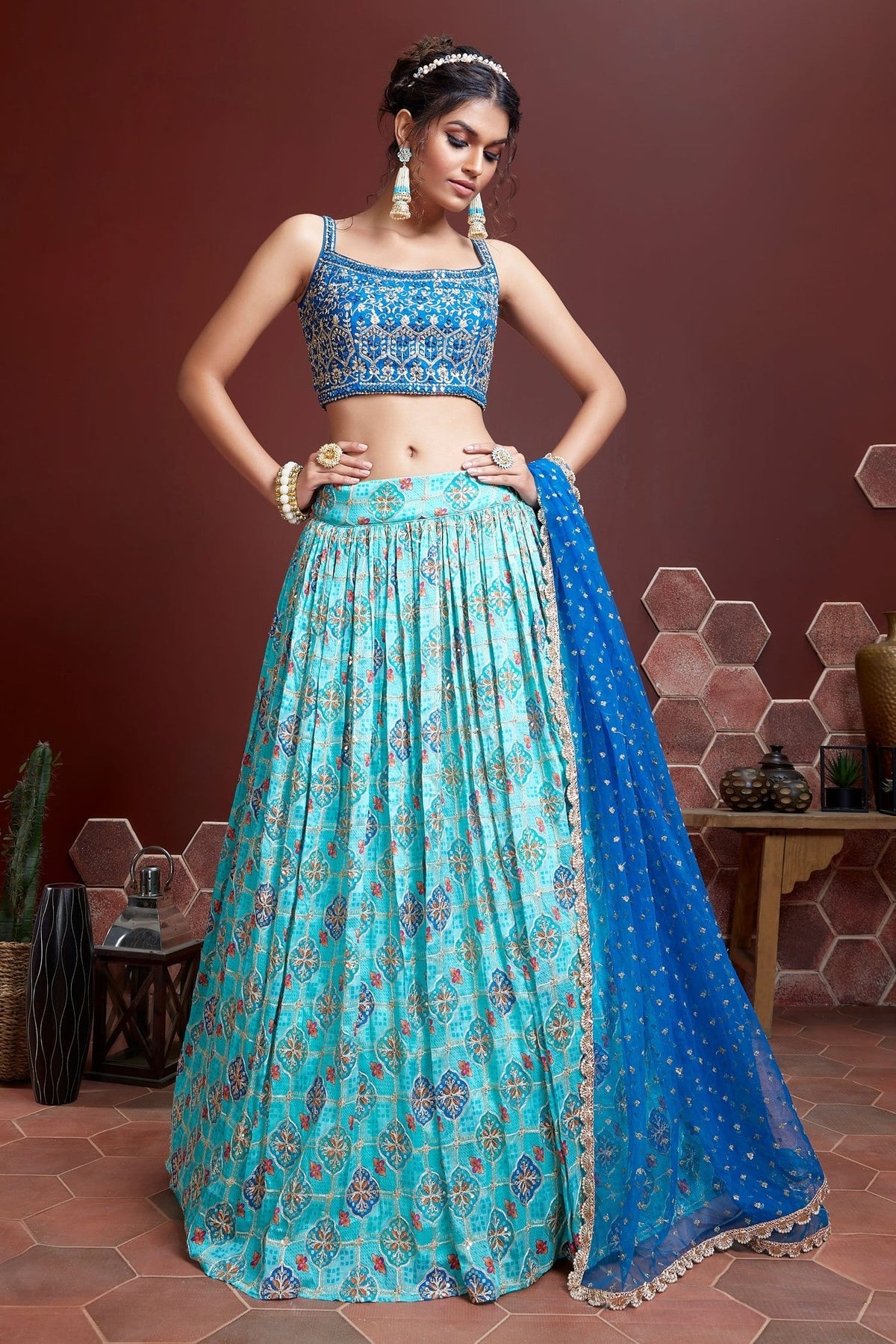 Jyoti Fashion Women's Sky Blue Pure Chinon Silk Digital Print with Heavy Embroidered Lehenga Choli & Dupatta | Grocsy