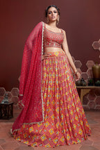 Jyoti Fashion Women's Red Pure Chinon Silk Digital Print with Heavy Embroidered Lehenga Choli & Dupatta | Grocsy