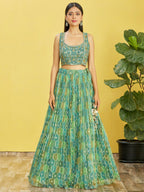 Jyoti Fashion Women's Green Organza Real Mirror with Sequins Thread Embroidered Lehenga Choli & Dupatta | Grocsy