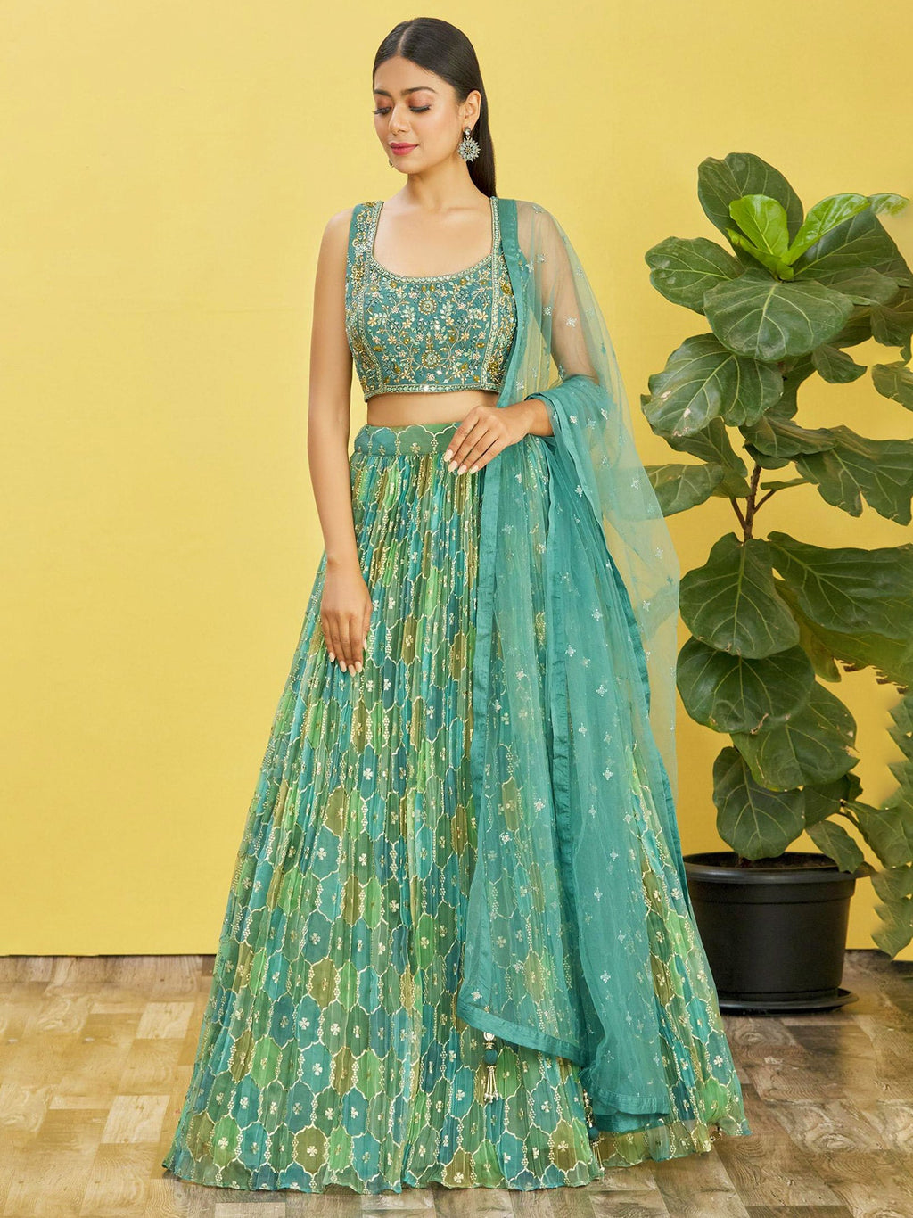 Jyoti Fashion Women's Green Organza Real Mirror with Sequins Thread Embroidered Lehenga Choli & Dupatta | Grocsy